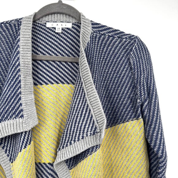 Cabi XS Open Front Striped Knit Cardigan With Colorblock Design In Navy Yellow & - Picture 2 of 7